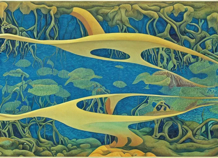 Prompt: an underwater landscape painted by, mc escher, gordon onslow ford, georgia o'keeffe and ippolito caffi,