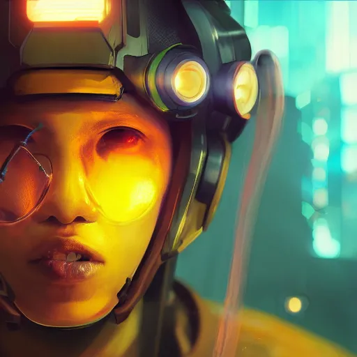 Image similar to yong boy destroyed to pieces with glowing yelow visor as a realistic scifi cyberpunk, closeup portrait art by james jean and greg rutkowski,, realistic face, like anime, digital art, trending on artstation, 8 k