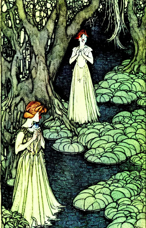 Prompt: vintage illustration of a fairy tale princess standing by a lake in a dark, lush, green forest by arthur rackham and edmund dulac