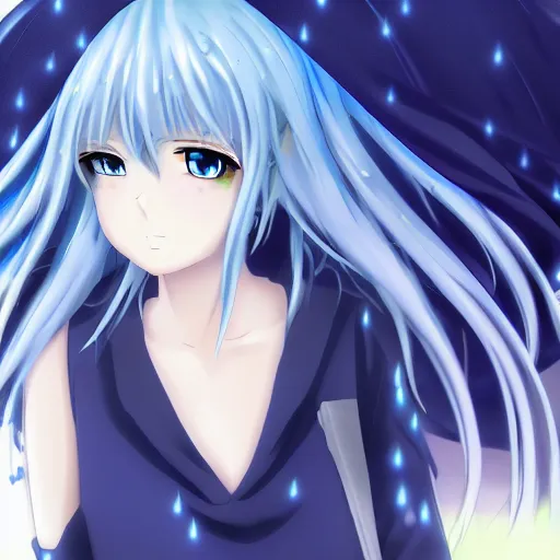 Image similar to key anime visual of a girl with glowing blue eyes; rain falling; close up shot; trending on Pixiv