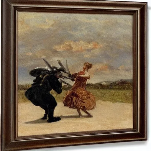 Image similar to man and woman fighting a monster by alfred stevens