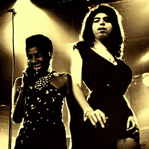 Prompt: old film photo of Nina Simone and Amy Winehouse on stage at a club, dark lit, beautiful lighting, halation, realistic, chromatic aberration, dof, god rays,