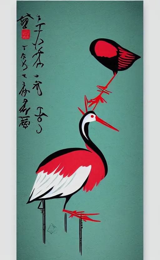 Prompt: poker card style, simple, modern look, colorful, japanese crane bird symbol in center, pines symbols, vertical wallpaper, vivid contrasts, for junior, smart design, by picasso