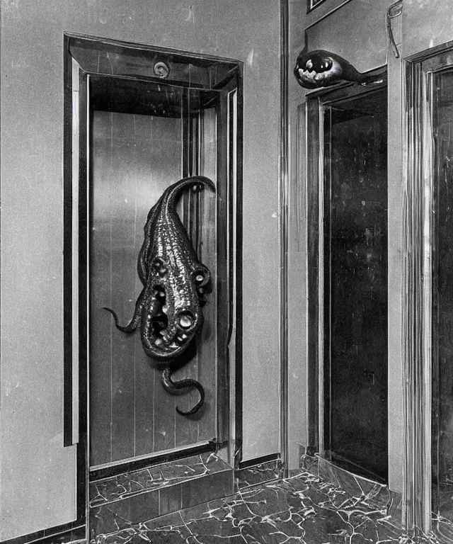 Image similar to horrifying full color photorealistic image of a 1 9 2 5 hotel elevator lobby, elevator doors look like a mouth, with a tentacle - shaped tongue, licking out, dark, atmospheric, brooding, smooth, finely detailed, cinematic, epic, in the style of lee gibbons