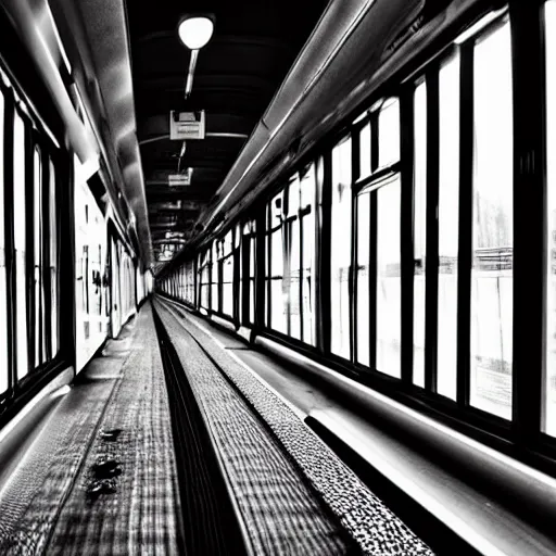 Image similar to a inside of a train hallway the train hallway is empty and train is moving the window view is a sunset view of a beautiful landscape