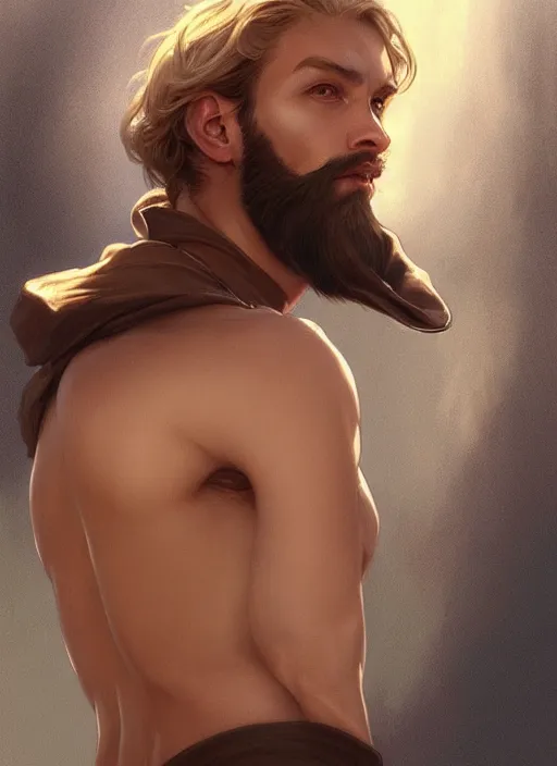 Image similar to man 2 9 years old, 1 8 0 cm height, slim, well fit, blonde, blue eyes, brown beard, cinematic, stunning, highly detailed, digital painting, artstation, smooth, hard focus, illustration, art by artgerm and greg rutkowski and alphonse mucha