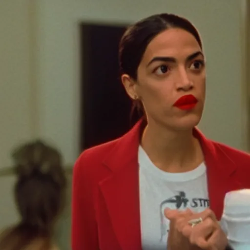 Prompt: Alexandria Ocasio Cortez wearing Tax the Rich tee shirt in American Psycho (1999)