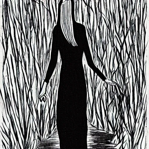 Prompt: ink illustration of tall slender woman with long grey hair in a black dress walking out of a swamp, drawing by graham ingels,