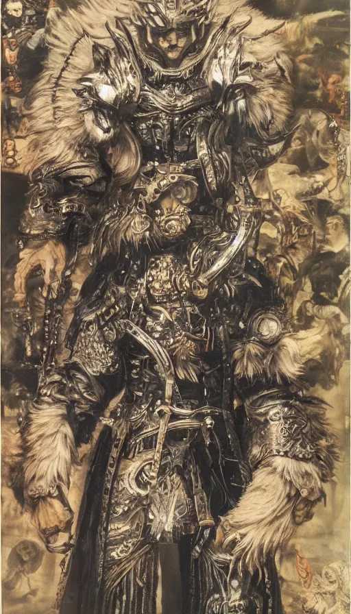 Image similar to 8 k yoshitaka amano painting of upper body of a young cool looking lion beastman with white mane at a medieval market at windy day. depth of field. he is wearing complex fantasy clothing. he has huge paws. renaissance style lighting.