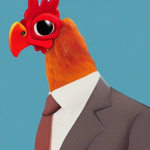 Image similar to a closeup portrait of an antropomorphic chicken wearing a suit, photorealistic