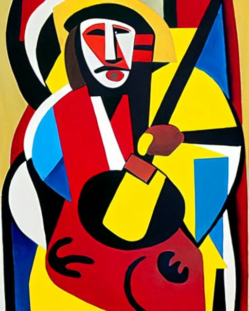 Prompt: a cubism portrait of willie nelson hugging his guitar, in the style of fernand leger, black and red