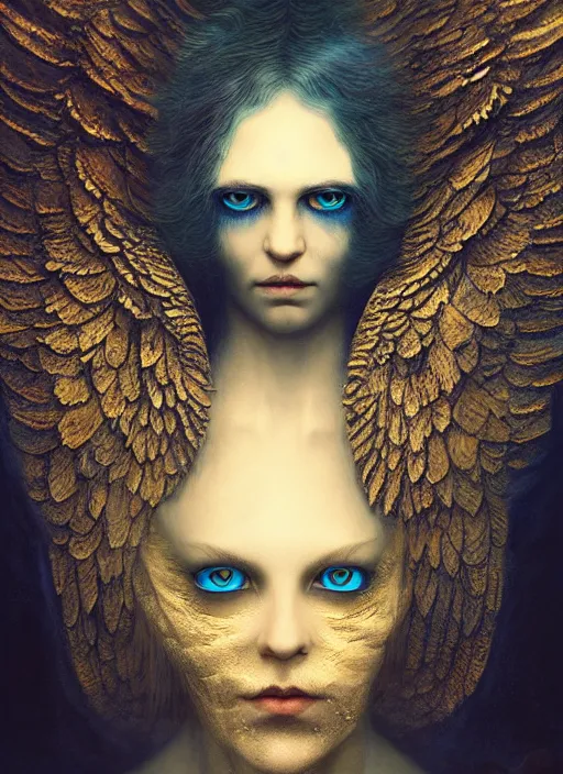 Prompt: Her huge ominous glowing blue eyes staring into my soul , perfect eyes, agostino arrivabene, WLOP, Tomasz strzalkowski, twisted dark lucid dream, 8k portrait render, raven angel wings, beautiful lighting, dark fantasy art, rococo, gold filigree, cgsociety
