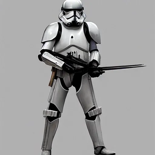 Image similar to an extremely long shot of an imperial stormtrooper in battle position ready to shoot his blaster concept art by Doug Chiang cinematic, realistic painting, high definition, very detailed, extremely high detail, photo realistic, concept art, the Mandalorian concept art style