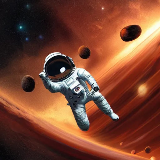 Prompt: an astronaut floating in hyper space, surrounded by floating coffee beans and fluid coffee, realistic digital art, 4k, art station, high quality