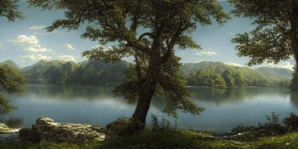 Prompt: a beautiful lake landscape in summer, by Ernest deutsch + Ted Nasmith, cinematic lighting, masterpiece, highly detailed, 8k resolution, trending on art station