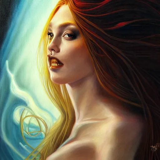 Prompt: portrait of a female wizard in flowing sensual dress, long flowing hair, delicate, looking at camera, slightly smiling, real face, stylish, elegant, extremely detailed painting inspired by Gerald Brom, epic lighting