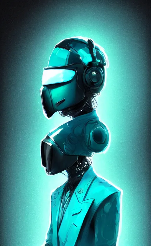 Prompt: wearing the cyberpunk vr helmet of the northern star, fashion, fancy suit, cosmic nova, expensive clothing, professional, teal helmet, naxy blue suit, illustration, style of yoshitaka amano, illustration, artstation, pixiv