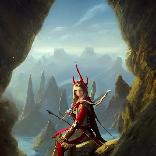 Prompt: an elf with a magic bow looking at horizon, epic setting, symmetric face, hyperrealism, epic fantasy digital art, fantasy style art, by Greg Rutkowski, fantasy magic the gathering card art style