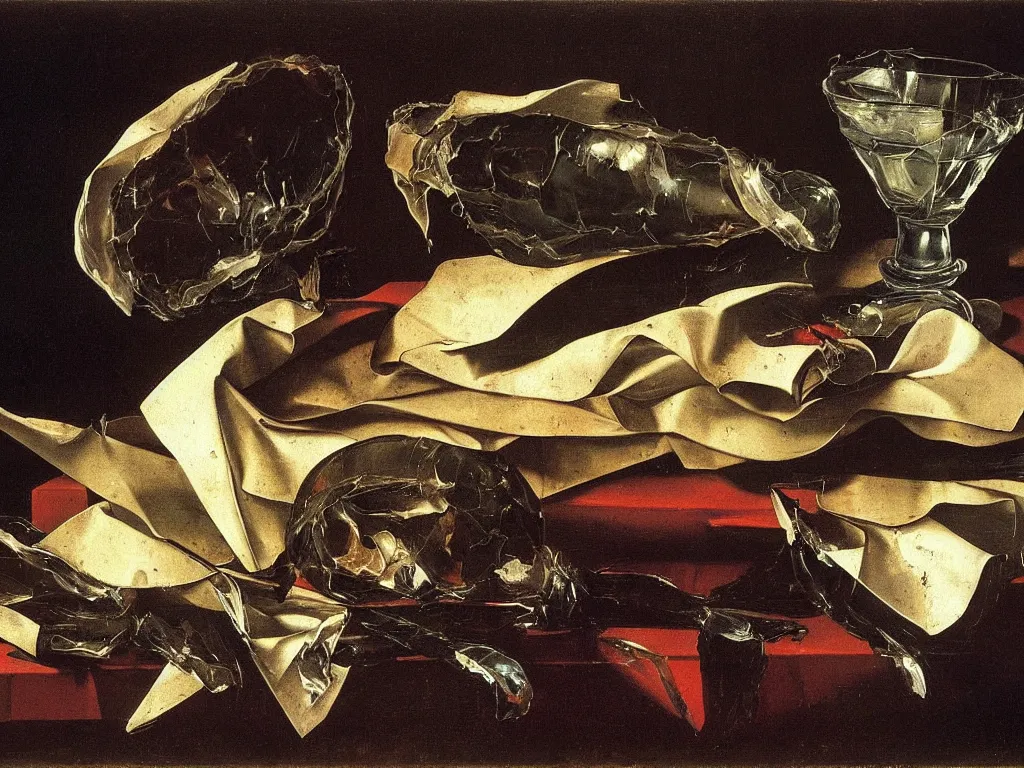 Image similar to by Michelangelo Merisi da Caravaggio Still Life with broken shattered wine bottles