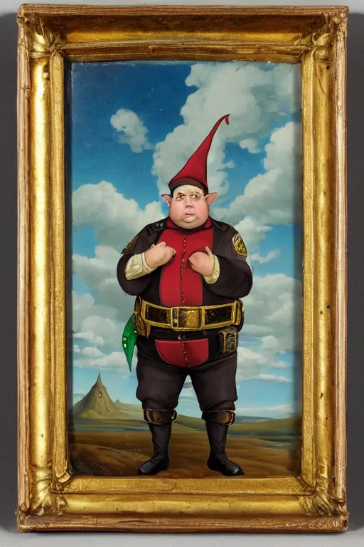 Image similar to high fantasy elf mall cop with a sheriff's badge that is fat, shifty, 1500s Oil Portrait, Carvagio