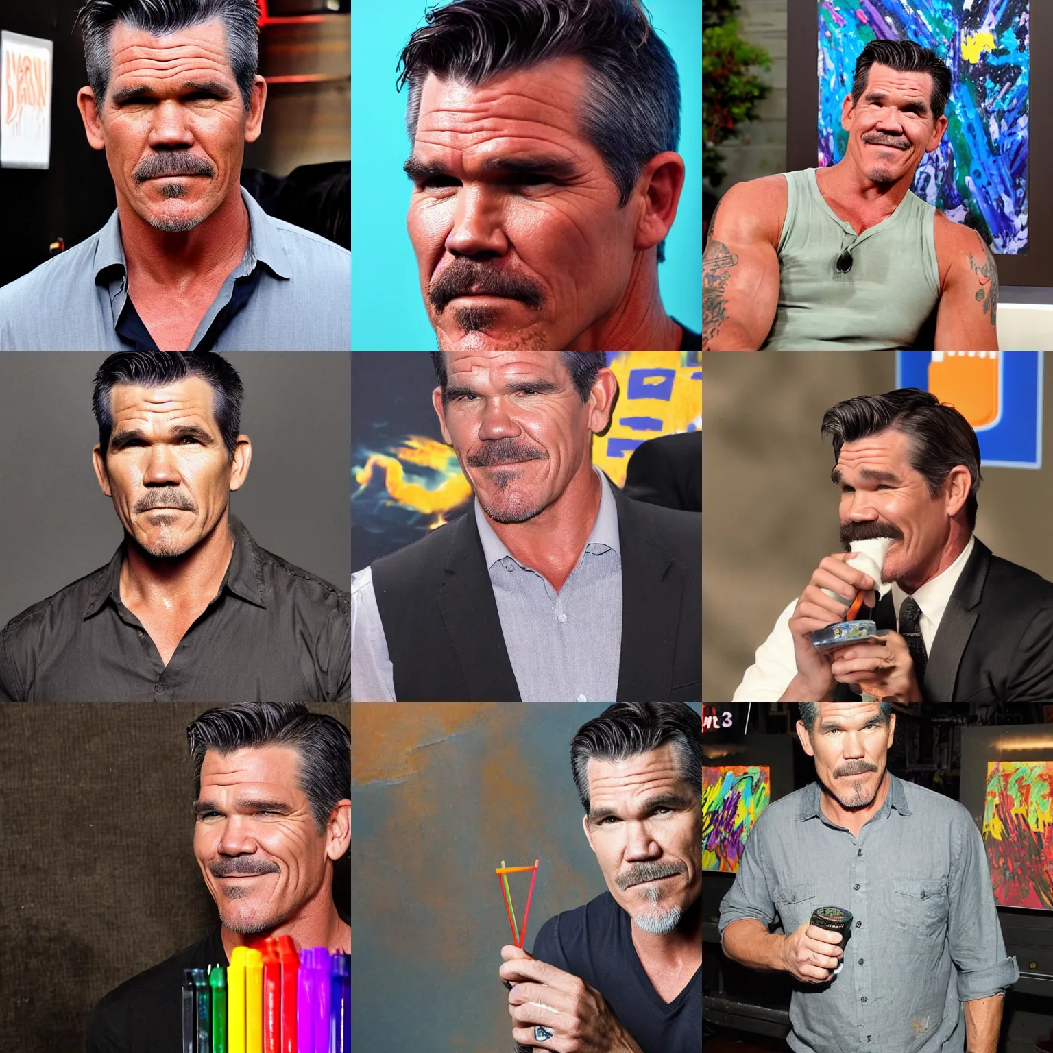 Prompt: josh brolin drinks melted crayons, photograph