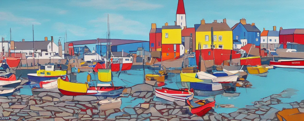 Prompt: a painting of the harbour at Stromness orkney, Memphis, bold, kitch, colourful, shapes fine