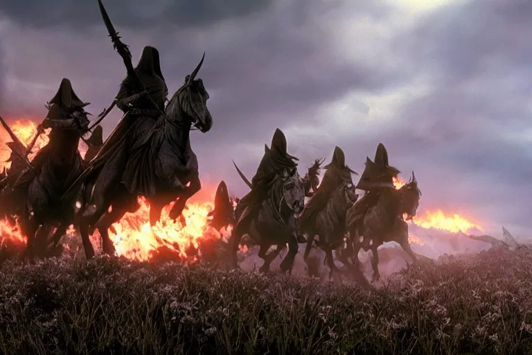 Image similar to film still of 3 Nazgûl, swords drawn, chasing hobbits through the shire as it burns, epic composition, intricately detailed, physically based render, screenshot from Lord of the Rings