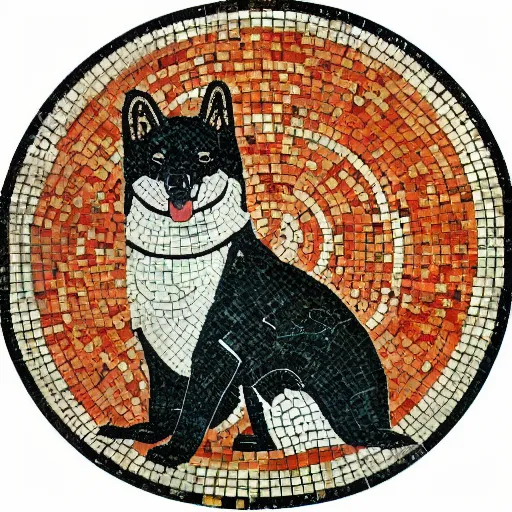 Image similar to an ancient roman tile mosaic depicting a shiba inu in a toga, a detailed masterpiece