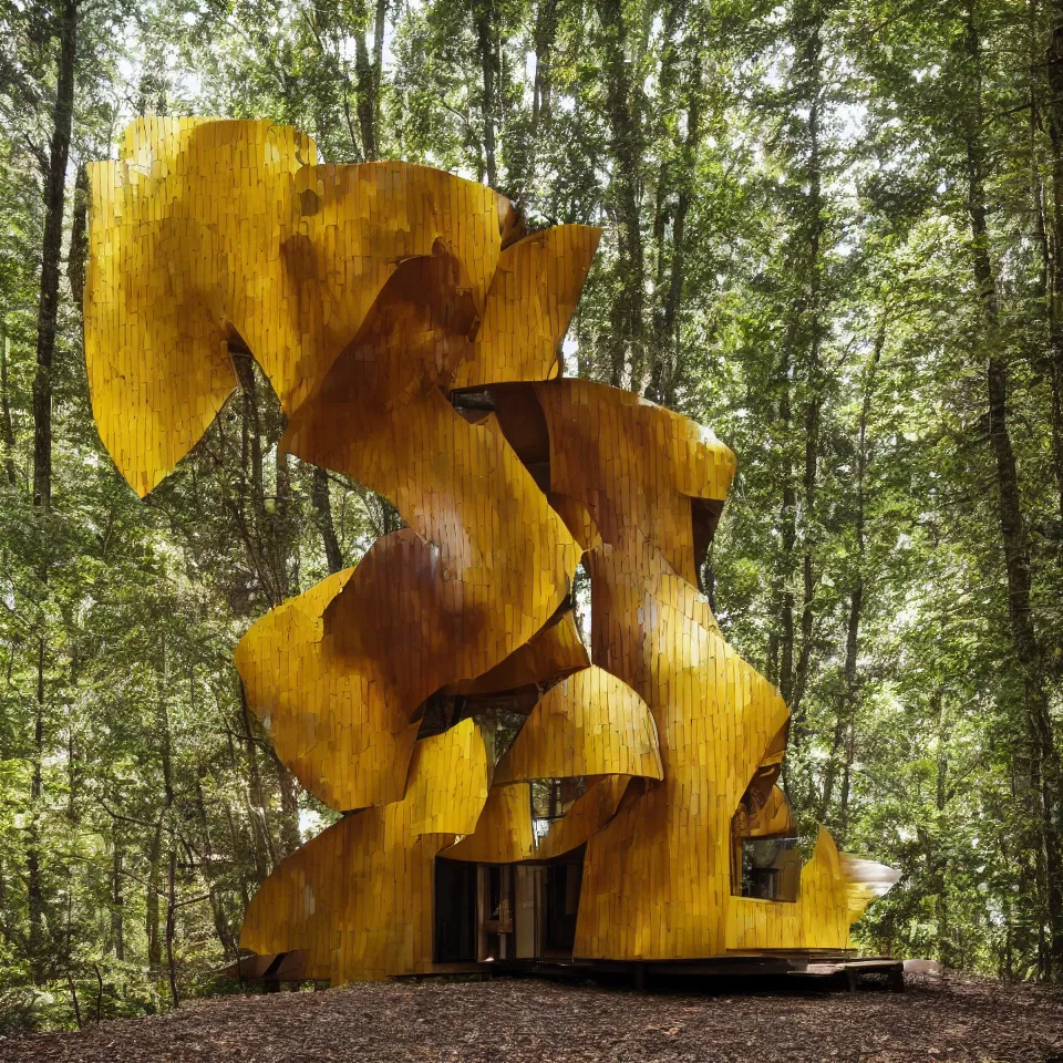 Prompt: a tiny tiny house with big tiles, from far away, in a forest, designed by frank gehry. film grain, cinematic, yellow hue