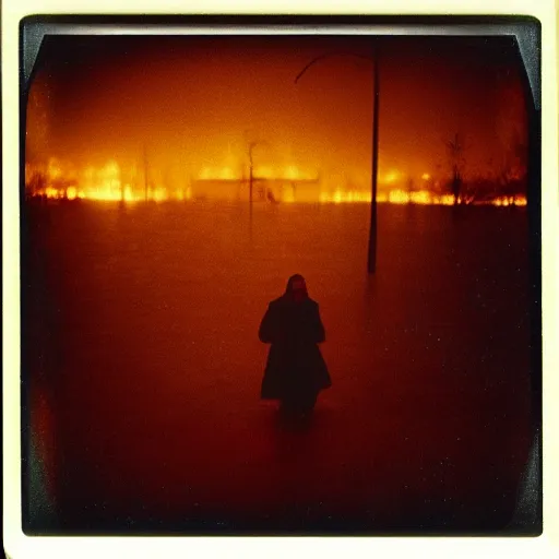 Prompt: polaroid by andrei tarkovsky, surreal fever ray video of flooded, burning suburb with wandering figures, rim light, shot at night with studio lights, liminal space, photorealistic, high definition, technicolor, award - winning photography, masterpiece, amazing colors,