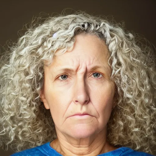 Prompt: Portrait of a sad looking middle aged woman. Blonde curly hair. Detailed face.