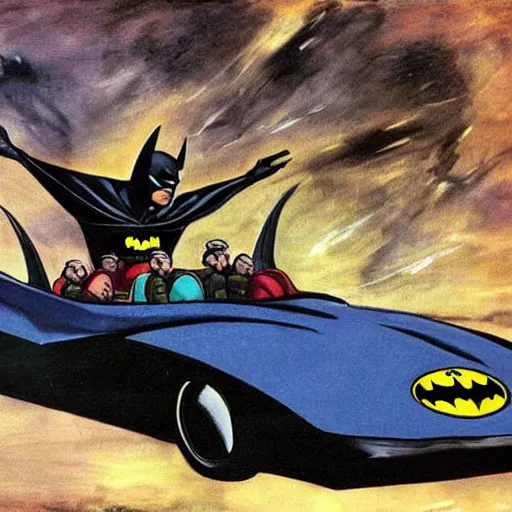 Prompt: batman and robin driving the batmobile, painted by el greco