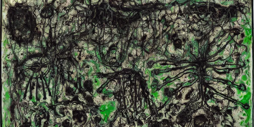 Image similar to a black and green biomechanical talisman of suffering, rotting, fungus, wings by maggi mcdonald, jackson pollock, mark rothko, sabina klein