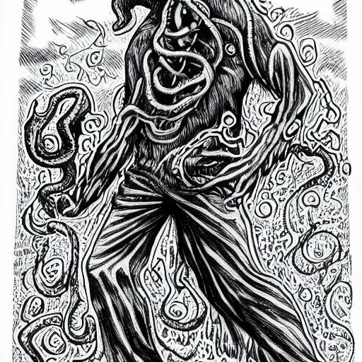 Prompt: the call of cthulhu in the style of junji ito,! dream the dunwich horror, hyper realistic, photorealistic, highly detailed