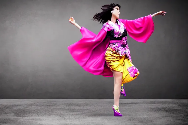 Image similar to photo, young woman running from monster, high heels, colorful kimono