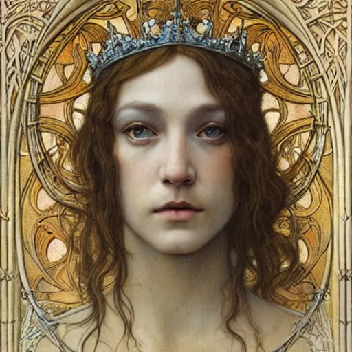 Image similar to detailed realistic beautiful young medieval queen face portrait by jean delville, michael kaluta and marco mazzoni, art nouveau, symbolist, visionary, gothic, pre - raphaelite