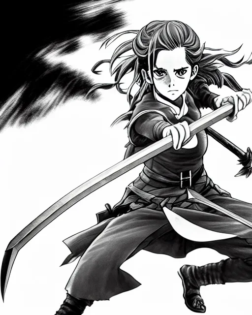 Image similar to a very detailed pencil drawing of emma watson in demon slayer manga panel 4 k, sword slash, high resolution, dynamic pose, landscape, hd, full body, action, sword, hyper realistic, manga, koyoharu gotouge, sakuga