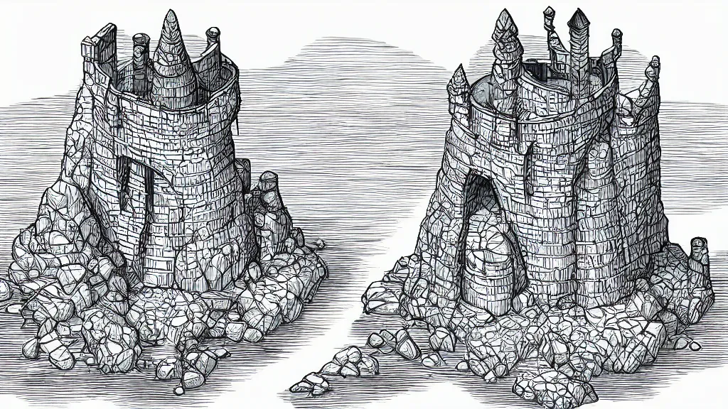 Image similar to isometric view of a wizard tower that's surrounded by rocks and mountains, lineart