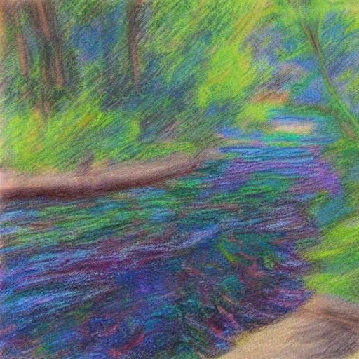 Image similar to a beautiful impressionist painting of a winding river, colored charcoal drawing on canvas