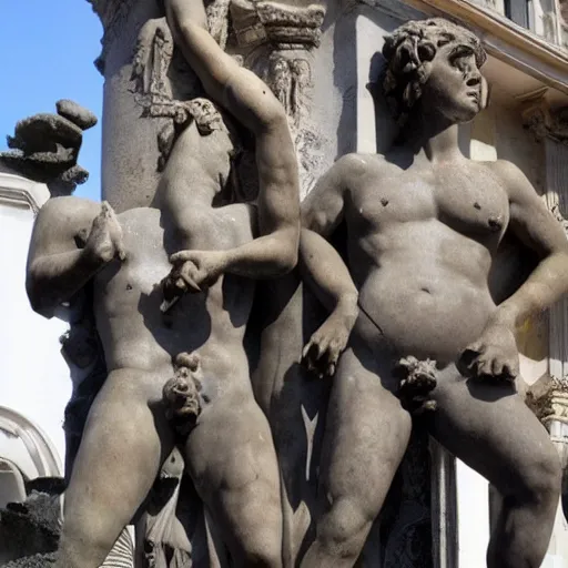 Prompt: corinthian marble statues, with bronze poos covering their private parts,