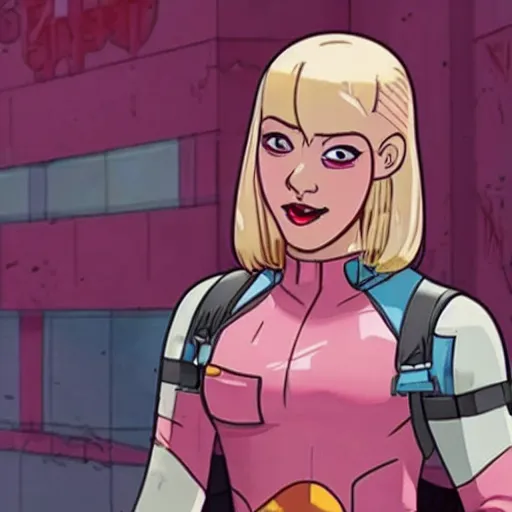 Image similar to A still of Gwenpool in Deadpool 3 (2023), no mask, blonde hair with pink highlights