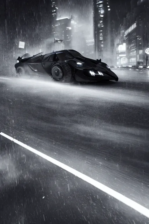 Prompt: the batmobile driving through gotham city at night. fluorescent light. pov from behind the wheel. octane render. 8 k. monochrome. black and white. mist. atmospheric. cinematic.