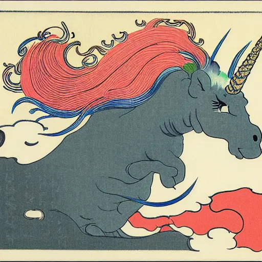 Image similar to A unicorn with rainbow color by Katsushika Hokusai