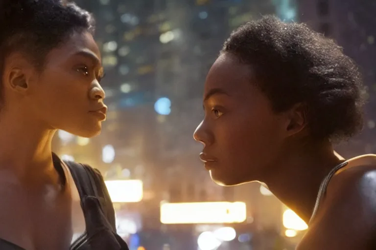 Image similar to movie powerful mutant heroes interracial couple closeup, DC Marvel fashion, VFX powers at night in the city, city street, beautiful skin, natural lighting by Emmanuel Lubezki