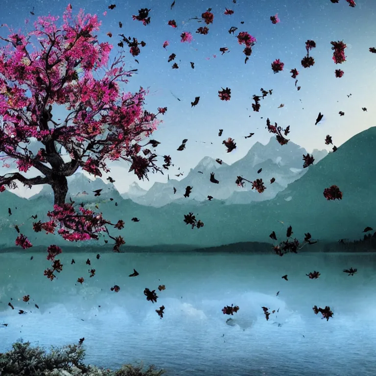 Image similar to a beautiful awesome artistic tree with falling flowers like leaves and many birds, all in the amazing outdoors view, mountain in the background, lake, long exposure, 8 k resolution, trending on artstation