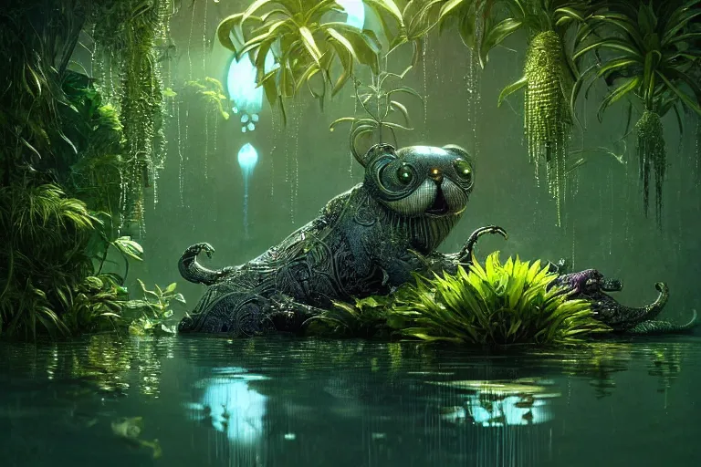 Image similar to cute creature in a lush vegetation, water reflection, night, bioluminescent : : by michal karcz, daniel merriam, victo ngai and guillermo del toro : : ornate, dynamic, particulate, intricate, elegant, highly detailed, centered, artstation, smooth, sharp focus, octane render, 3 d