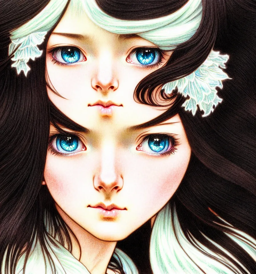 Image similar to closeup portrait of a sweet girl with silky black long hair is covered in white powdered sugar posing for the camera in a bakery kitchen. insanely and epically detailed high-quality artwork with soft colors, exquisitely detailed soft shadowing, amazingly composed image, epic pencil illustration, by Range Murata and by Alphonse Mucha and by Katsuhiro Otomo.