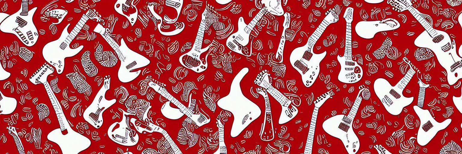 Image similar to pattern design, coffee and guitar, vector, simple, red and white,