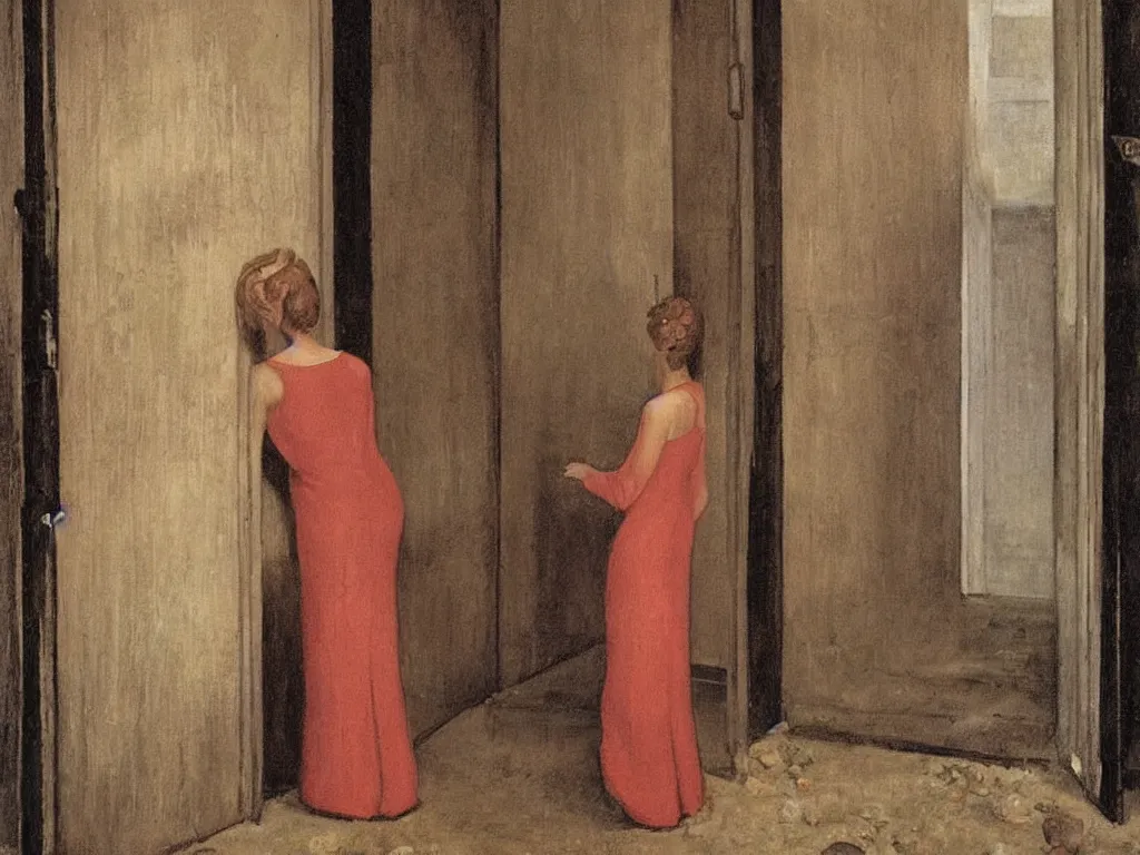 Image similar to woman standing in the doorway with coral. flood. painting by paul delvaux