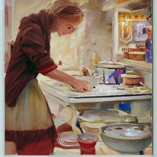 Prompt: young blonde wife making breakfast for her husband, painting by Vladimir Volegov,